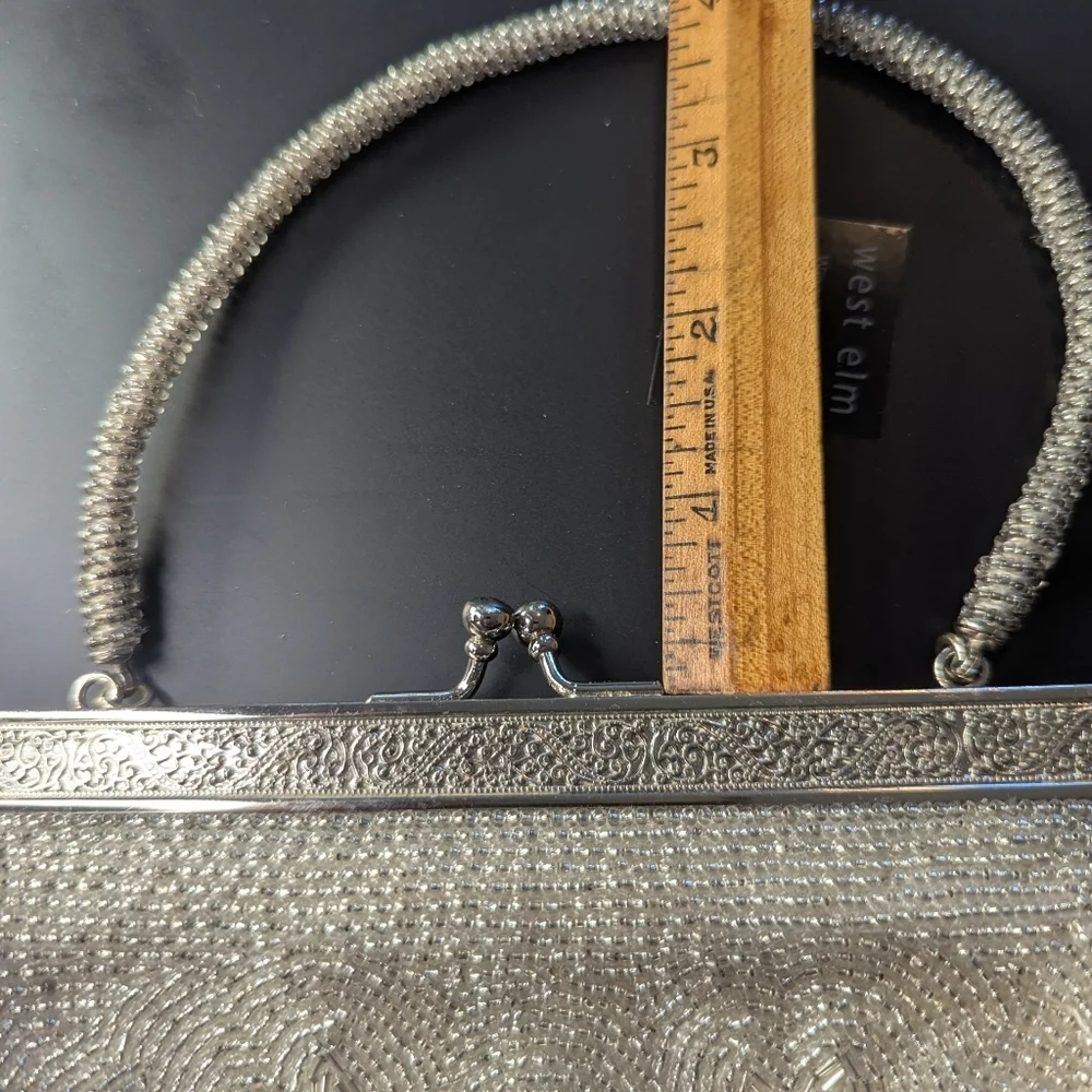 🩶 Vintage Silver Beaded Bling Snap Purse Comb Case Satin Pockets